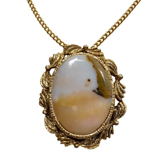 Vintage 60s 70s Agate Gold Tone Statement Necklace Boho Retro Large Cabochon 23” - Picture 6 of 10